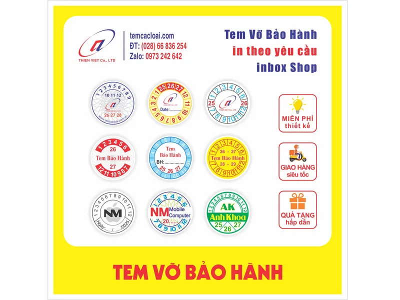 Mẫu tem bảo hành tròn thực tế Mẫu in tem bảo hành tròn thực tế